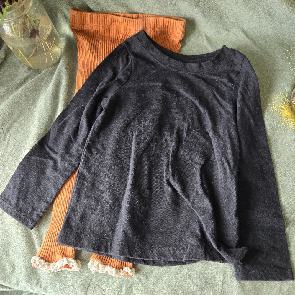 Toddler 2t girls ribbed leggings burnt orange eyelet Ruffle long sleeve tee 2pc